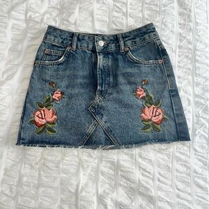 Topshop Blue Denim Skirt with Pink Floral Embroidery